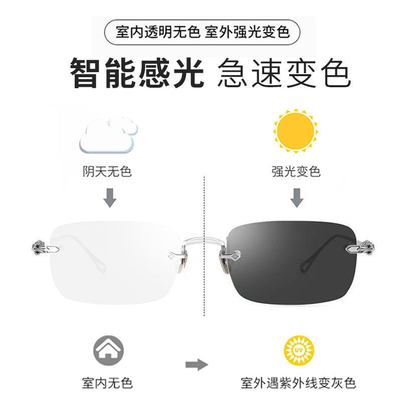 Color-changing eye protection rimless glasses plain face high-end new anti-blue glasses women's rimless frame Sven men's wholesale