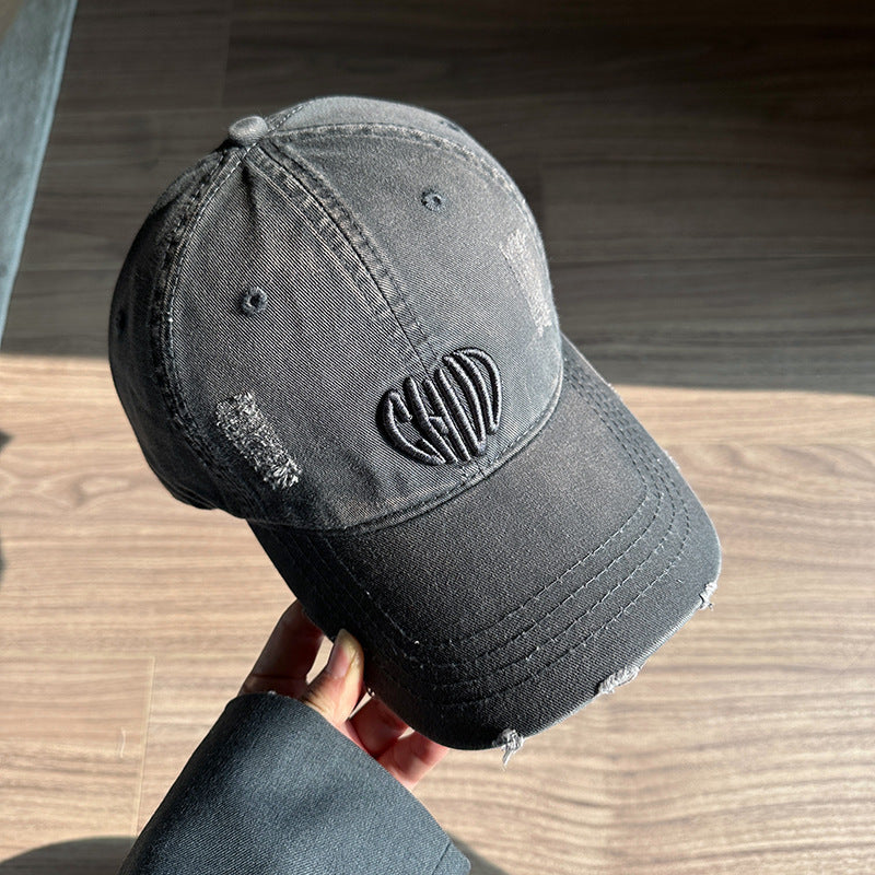 Washed denim big head circumference retro baseball cap men's and women's old ripped holes personalized embroidery spring and summer versatile cap
