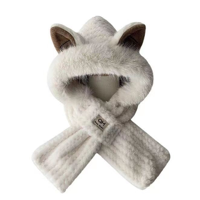 Winter female cartoon bear warm ear hair fluff hat cycling cold scarf integrated neck protection thick knitted hat