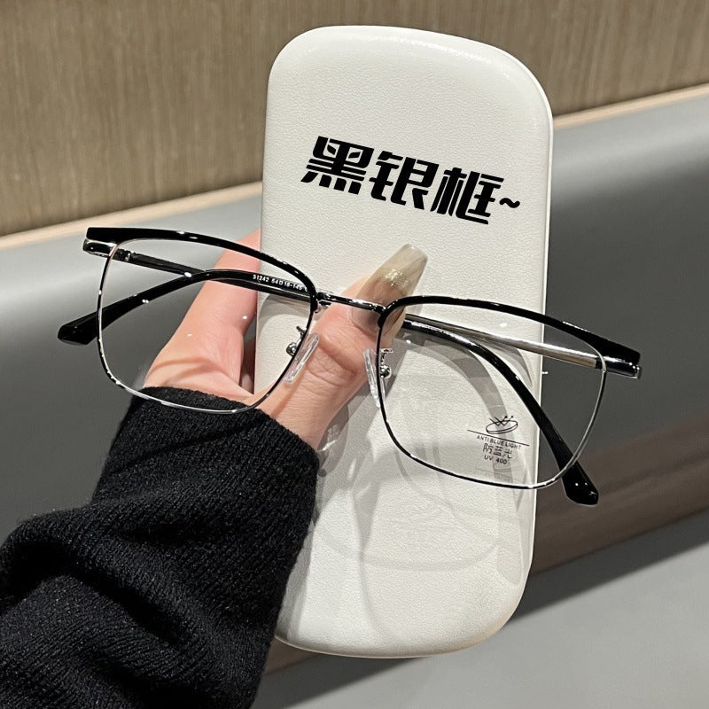 Xiaohongshu same square glasses men's literary and retro half-frame glasses women's versatile cat ear glasses frame anti-blue light glasses