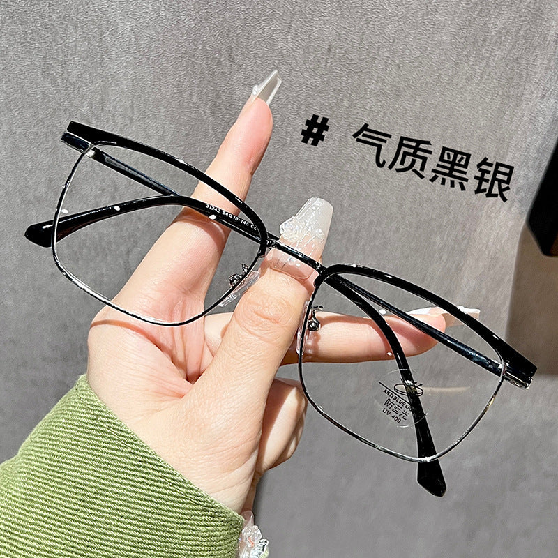 Xiaohongshu same square glasses men's literary and retro half-frame glasses women's versatile cat ear glasses frame anti-blue light glasses