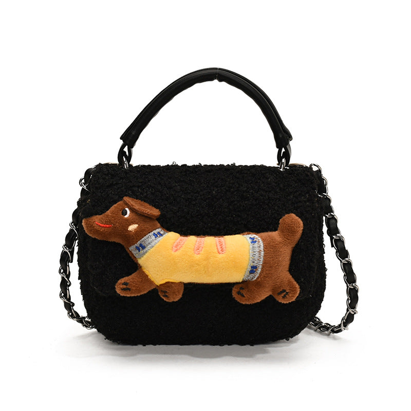 Winter hand carry plush cartoon dachshund dog small square bag 2024 new fashion casual foreign style fashionable shoulder bag