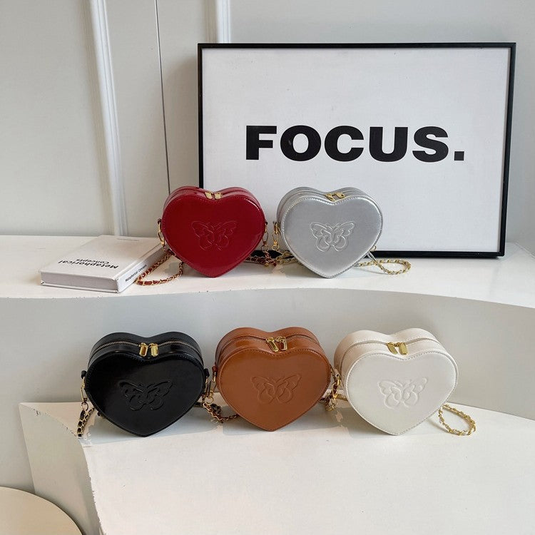 Women's bag new solid color PU heart-shaped fashion butterfly printing trend love bag niche design chain messenger bag