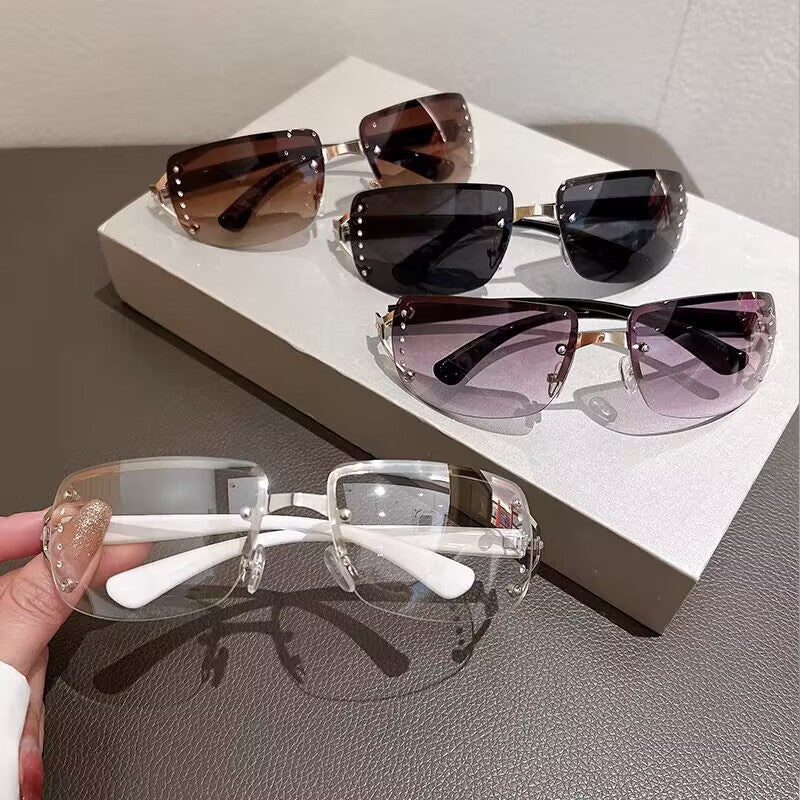 2023 fashion European and American half-frame diamond-encrusted sunglasses concave-convex lenses trendy atmospheric sunglasses cross-border sunshade glasses
