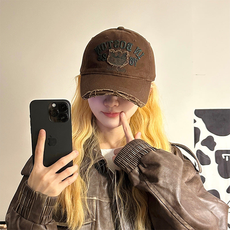 Women's Casual Fashion Ripped Letter Embroidery Cap Korean Version Versatile Soft Top Baseball Cap Sunscreen Sun Hat Tide