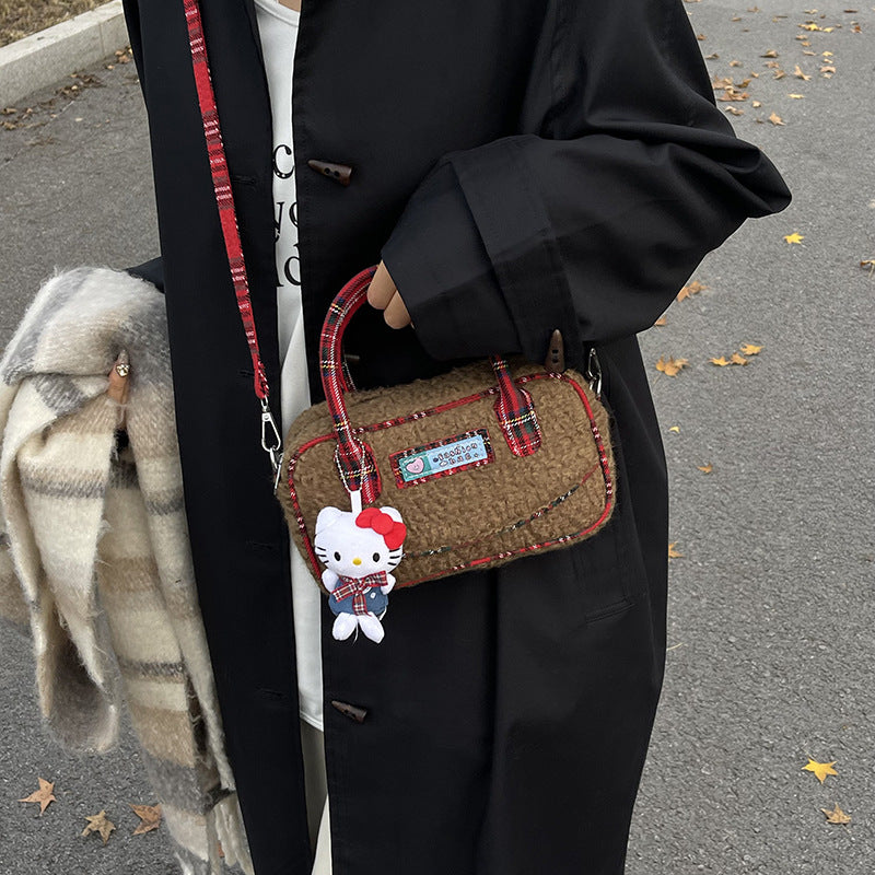 Winter hand carry plush contrasting color plaid small square bag 2024 new fashion casual foreign style literary fluff shoulder bag