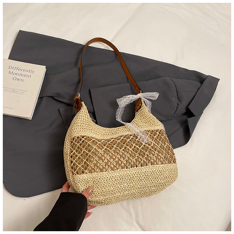 Woven bag women's 2025 spring new fashionable large-capacity beach bag casual simple commuter retro messenger bag