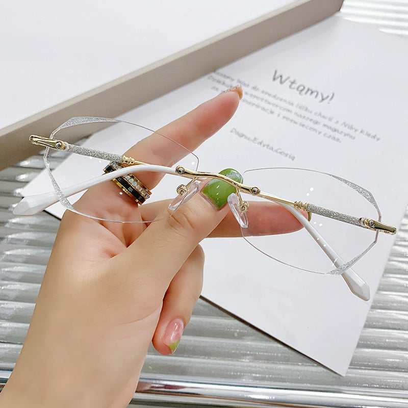 Women's frameless diamond trimmed anti-blue reading glasses flat glasses finished myopia glasses Internet celebrity Douyin live broadcast glasses