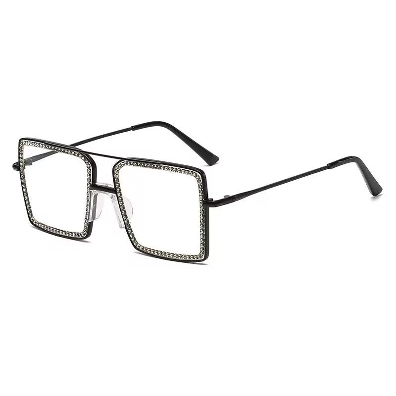 2023 fashion versatile models, large square diamond-encrusted sunglasses, Korean version, handmade diamond-encrusted flat glasses, European and American metal frames