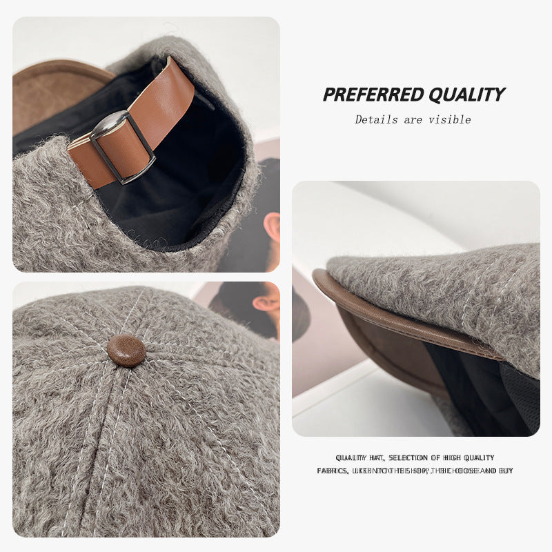 Woolen forward hat children autumn and winter solid color retro duck tongue newsboy hat warm face little painter hat wool
