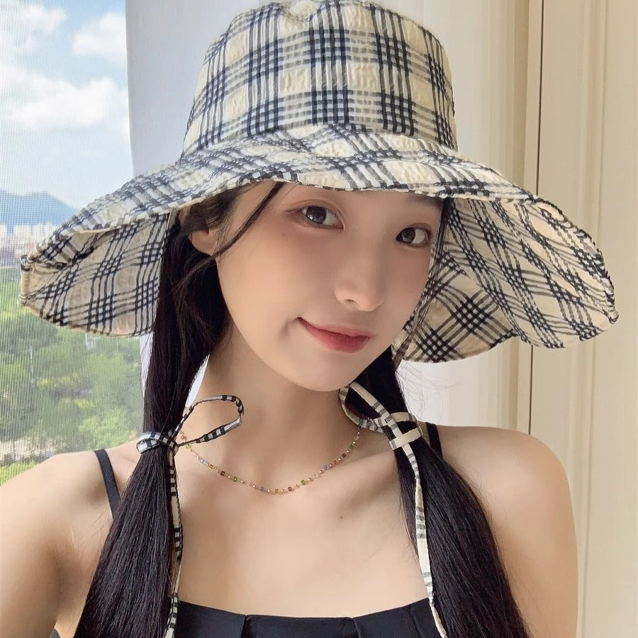 Zhao Ruth same sun hat women's 2024 new anti-ultraviolet large brim plaid bucket hat outdoor sun protection hat