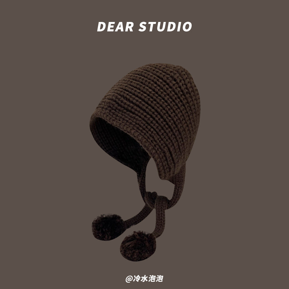 Yang Mi same black wool hat female autumn and winter warm ear protection student versatile Internet celebrity long braids knitted hat tide
