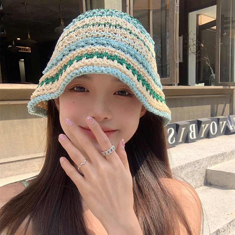 Color straw bucket hat women's summer Japanese face small versatile straw hat beach sunshade sun hat tide