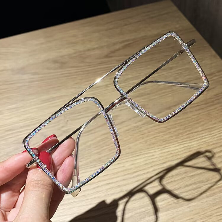 2023 fashion versatile models, large square diamond-encrusted sunglasses, Korean version, handmade diamond-encrusted flat glasses, European and American metal frames