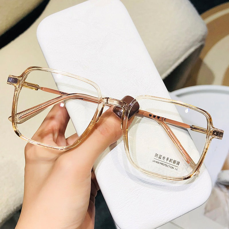 Color-changing flat glasses women's ultra-light damp cold brown transparent frame ins high value large frame thin plain glasses