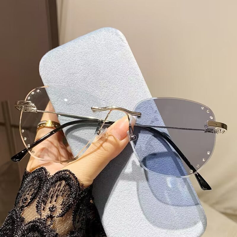 2023 fashion trendy frameless trimmed anti-blue light color-changing glasses Xiaohongshu same point drill high definition myopia glasses