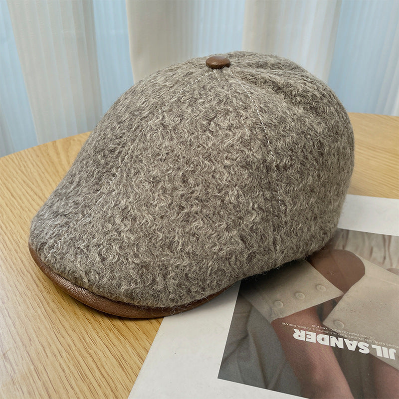 Woolen forward hat children autumn and winter solid color retro duck tongue newsboy hat warm face little painter hat wool