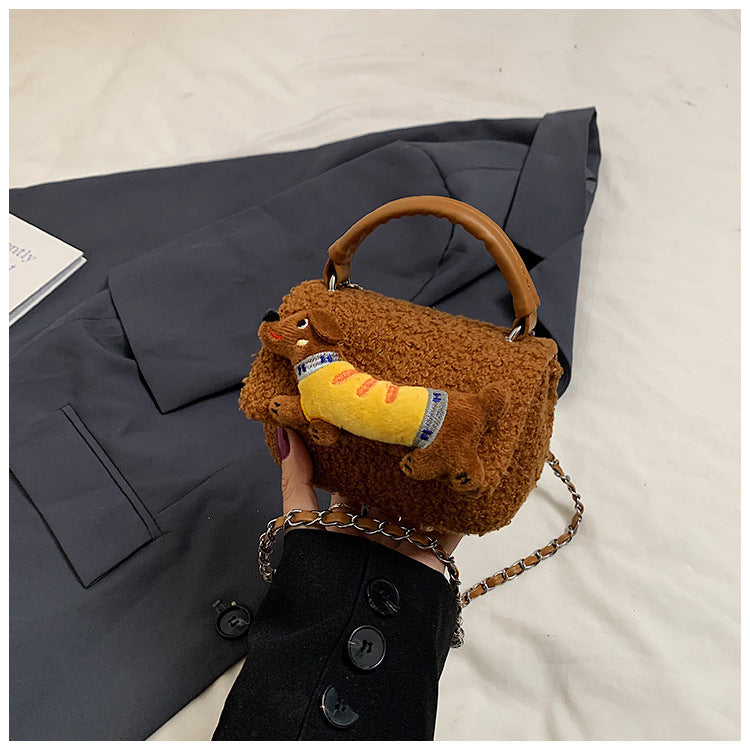 Winter hand carry plush cartoon dachshund dog small square bag 2024 new fashion casual foreign style fashionable shoulder bag