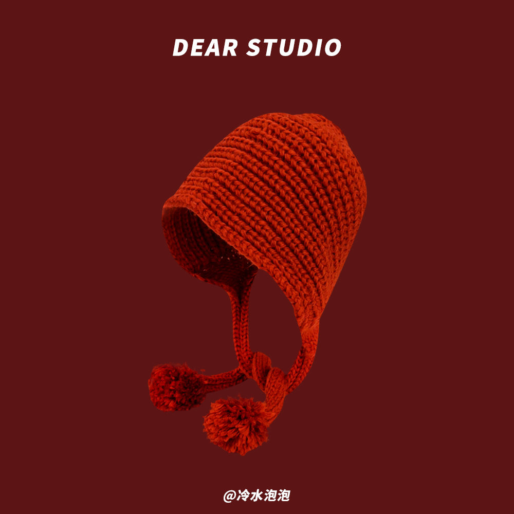 Yang Mi same black wool hat female autumn and winter warm ear protection student versatile Internet celebrity long braids knitted hat tide