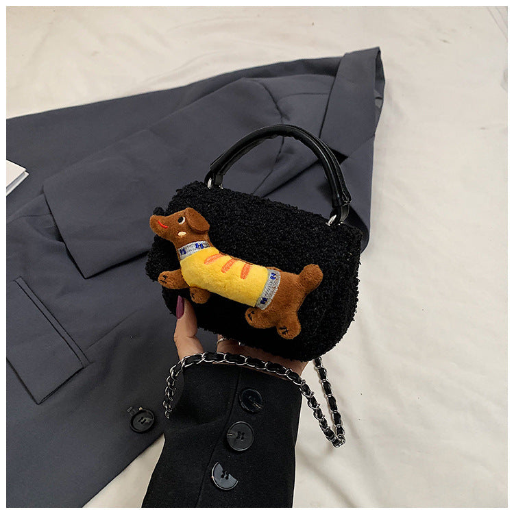 Winter hand carry plush cartoon dachshund dog small square bag 2024 new fashion casual foreign style fashionable shoulder bag