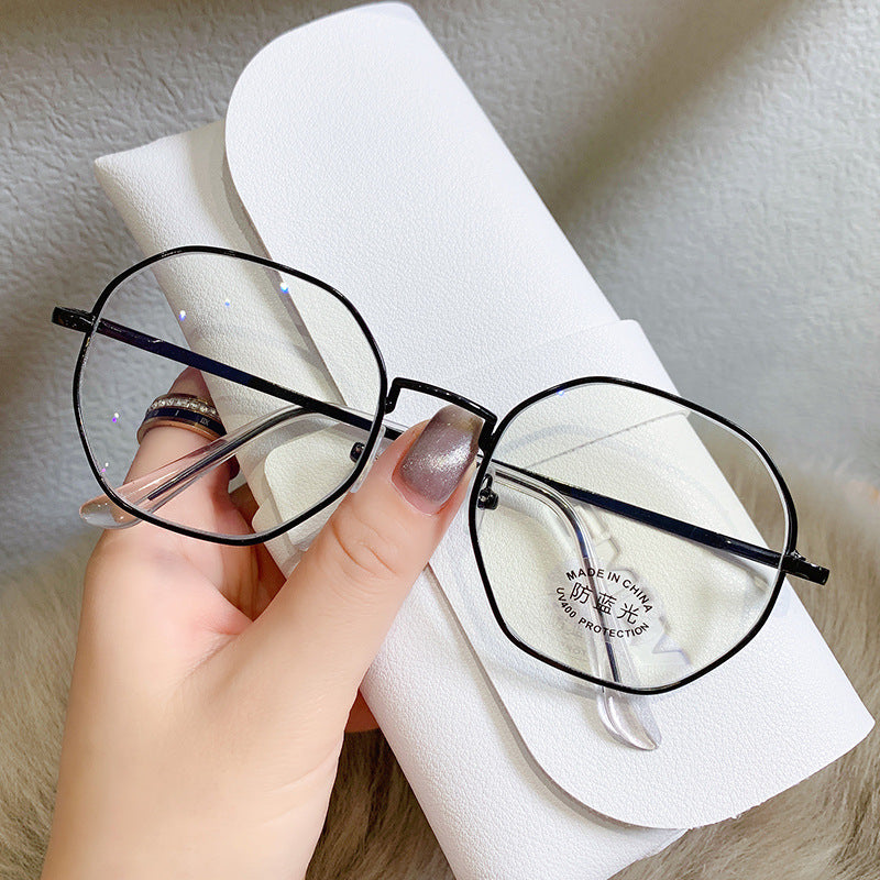 Xiaohongshu anti-blue flat glasses Korean version trendy metal glasses frame literary and retro polygonal flat glasses women