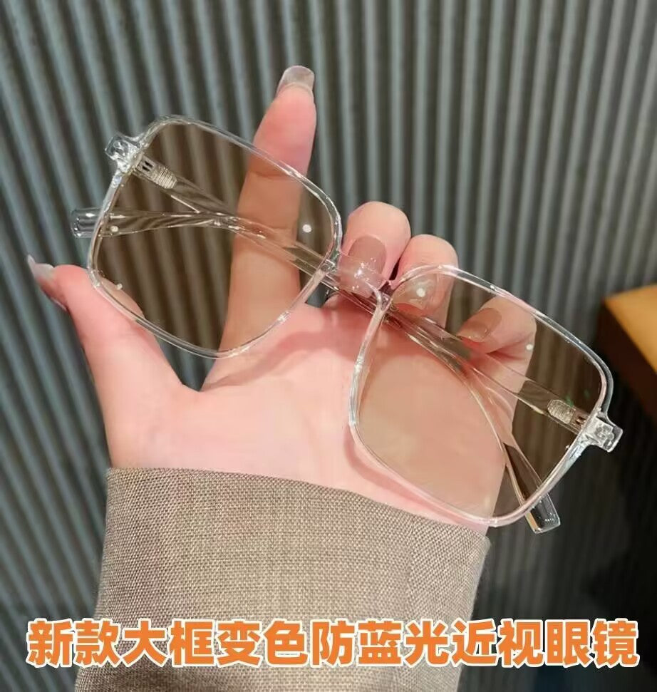 2023 new large box color-changing glasses Internet celebrities plain and thin high definition myopia glasses trendy couple tortoiseshell frame