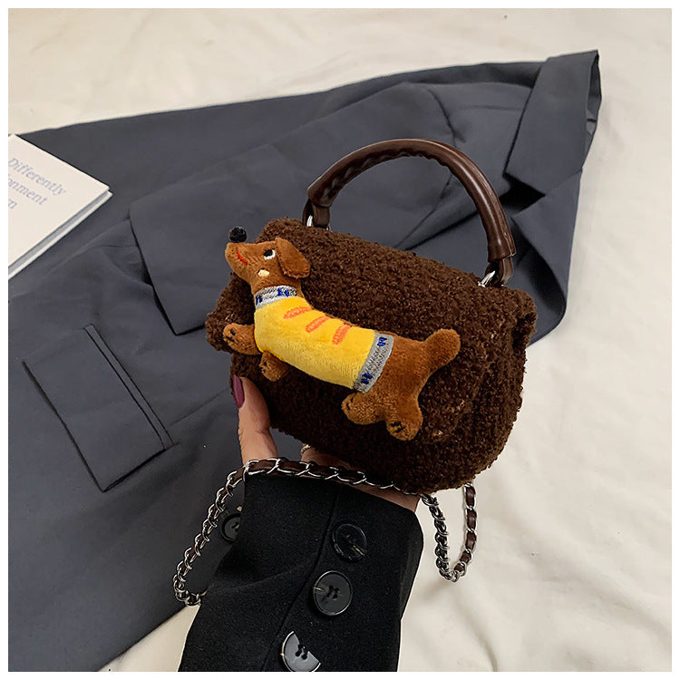 Winter hand carry plush cartoon dachshund dog small square bag 2024 new fashion casual foreign style fashionable shoulder bag