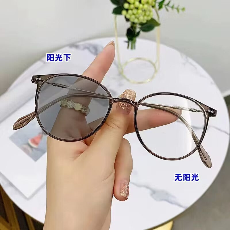 2023 new pc plus metal material advanced sense tea frame color-changing glasses high definition color-changing myopia glasses couple models