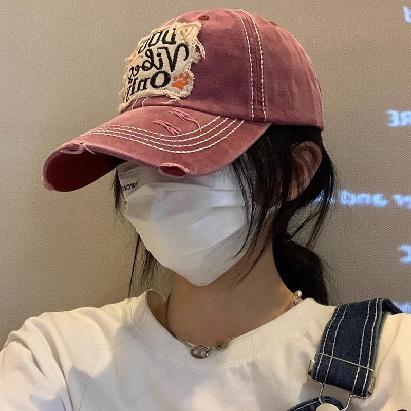 Washed holes, wide brim, baseball cap, women's American sticker, enlarged and deepened peaked cap, showing a small face, soft top hat tide