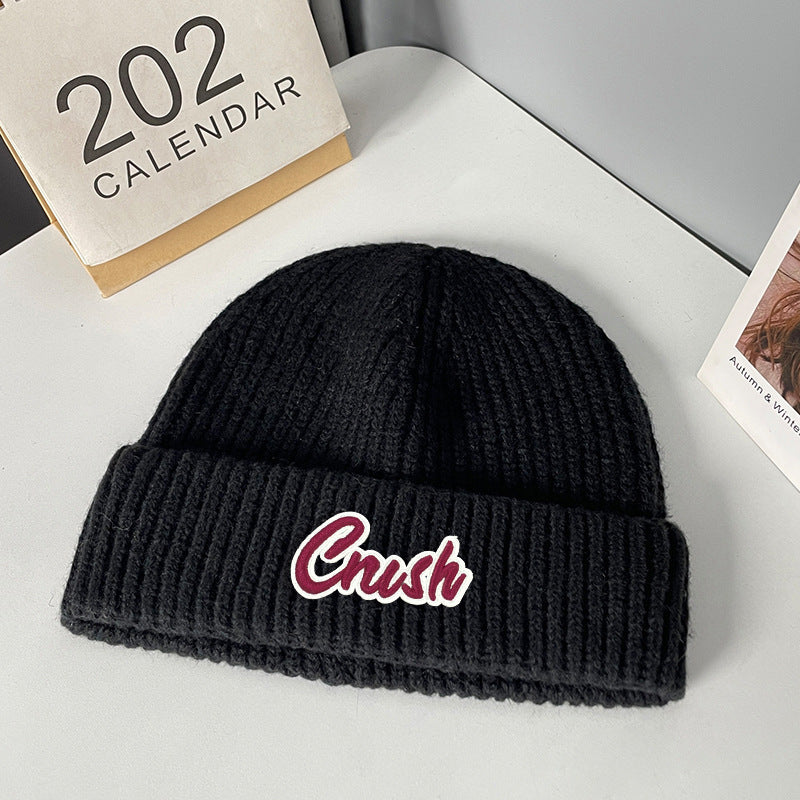 Winter letter labeling wool hat women's autumn and winter versatile warm Japanese knitted hat showing small face and ear protection cold hat man