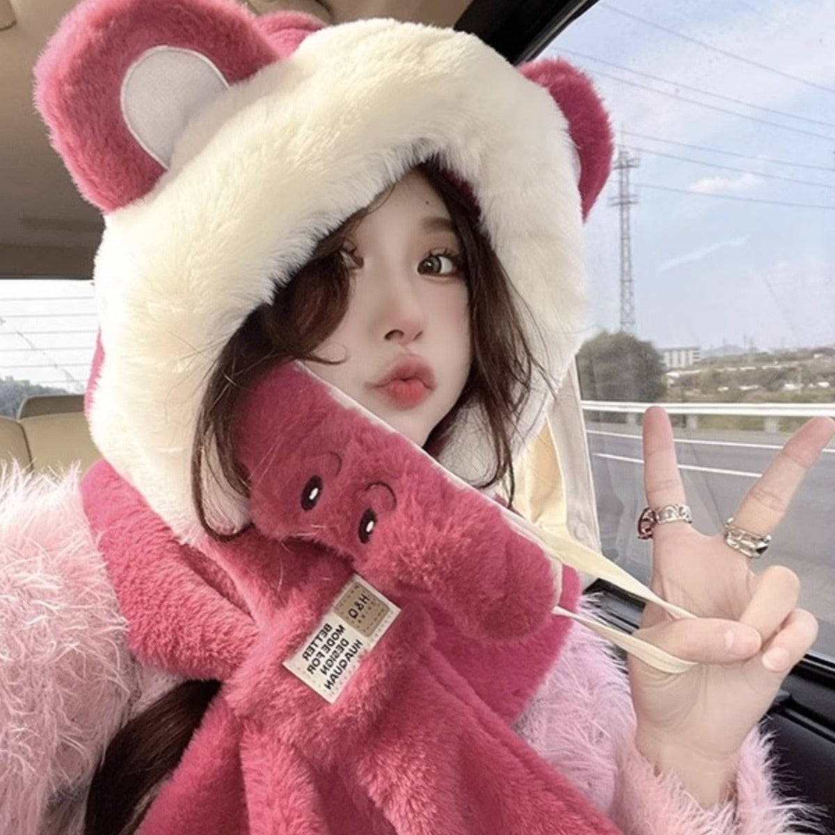 Winter ear protection, scarf, ear hat, scarf, mask, cute strawberry bear, warm and cold-proof, Lei Feng hat, female cycling hat