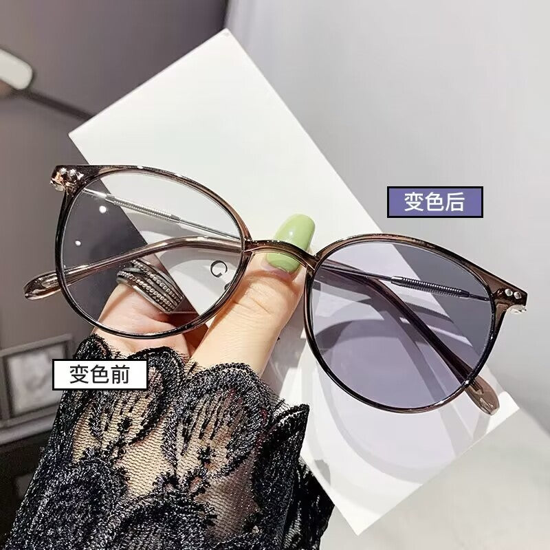 2023 new pc plus metal material advanced sense tea frame color-changing glasses high definition color-changing myopia glasses couple models
