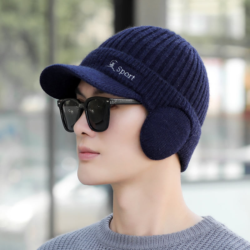Winter Men's Duck Tongue Ear Cap Fleece Thick Warm Pullover Hat Youth Outdoor Riding Knitted Wool Hat Ski Cap