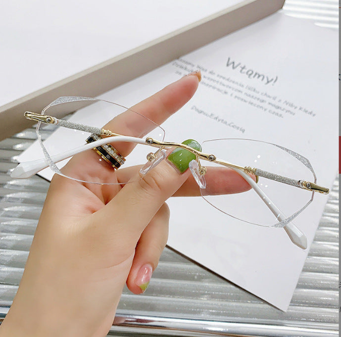 Women's Douyin Internet celebrity diamond trimmed frameless punched anti-blue reading glasses flat glasses finished myopia glasses