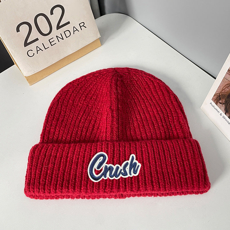 Winter letter labeling wool hat women's autumn and winter versatile warm Japanese knitted hat showing small face and ear protection cold hat man