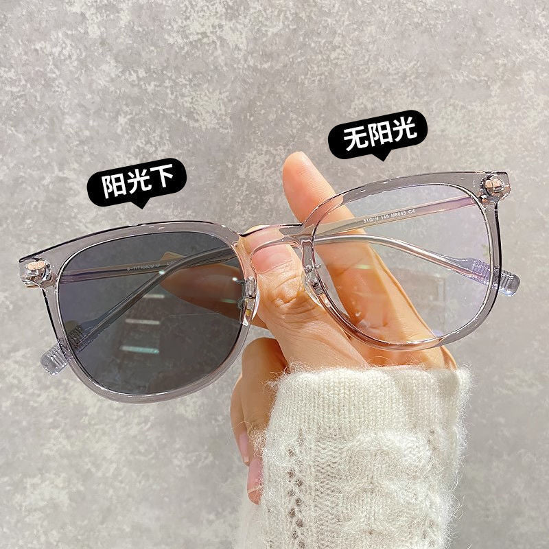 Color-changing glasses women's myopia glasses flat glasses optical anti-blue light automatic photosensitive flat sunglasses large round frame men