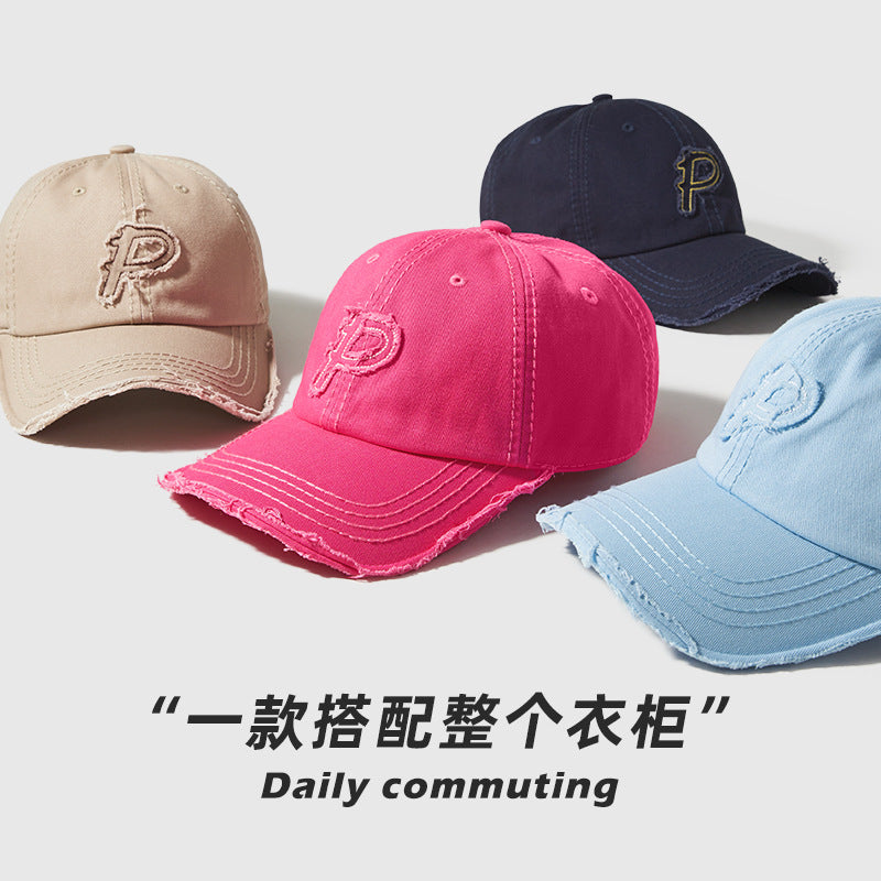 Classmate Yang retro and old P letter embroidered soft top baseball cap for men showing their faces and a small cap for women