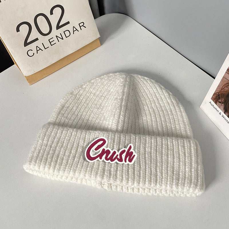 Winter letter labeling wool hat women's autumn and winter versatile warm Japanese knitted hat showing small face and ear protection cold hat man