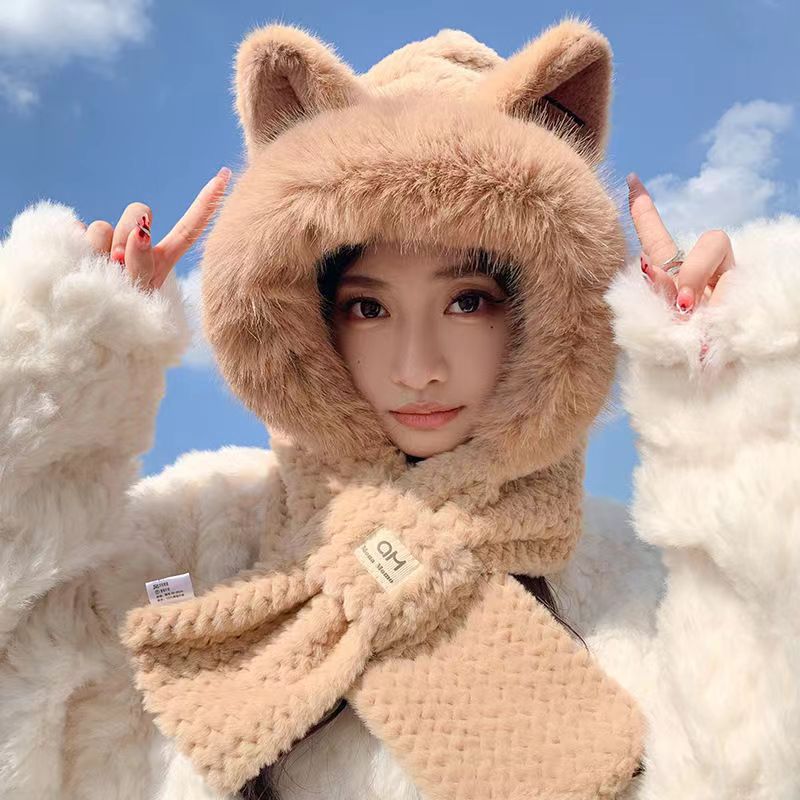 Winter female cartoon bear warm ear hair fluff hat cycling cold scarf integrated neck protection thick knitted hat