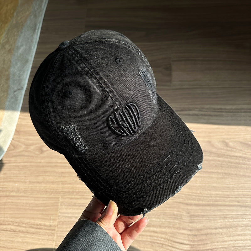 Washed denim big head circumference retro baseball cap men's and women's old ripped holes personalized embroidery spring and summer versatile cap