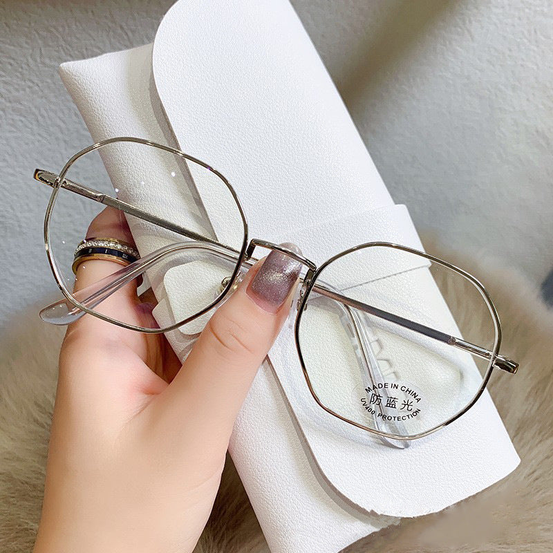 Xiaohongshu anti-blue flat glasses Korean version trendy metal glasses frame literary and retro polygonal flat glasses women