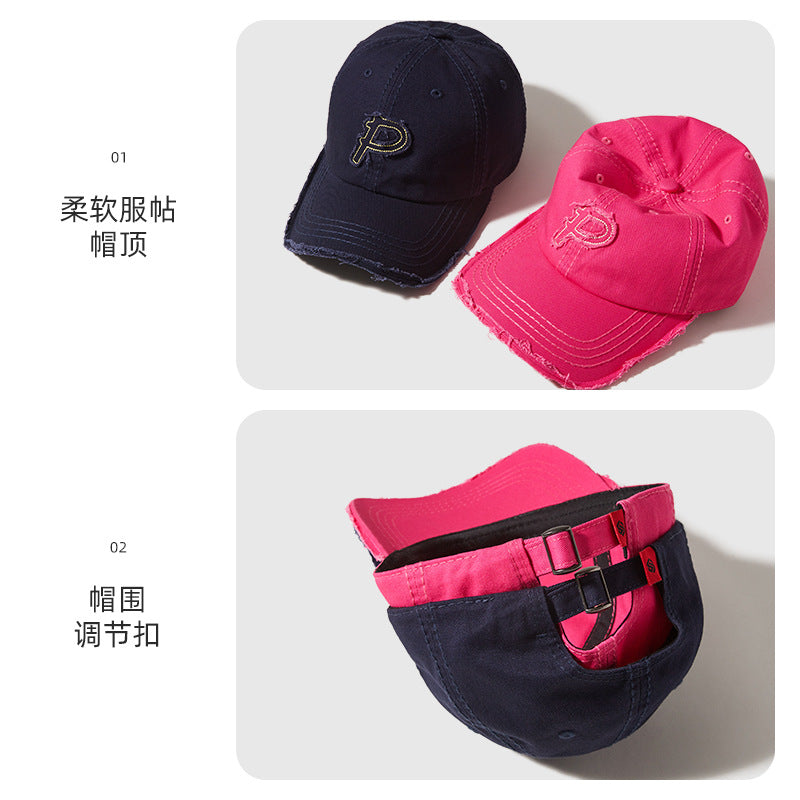 Classmate Yang retro and old P letter embroidered soft top baseball cap for men showing their faces and a small cap for women