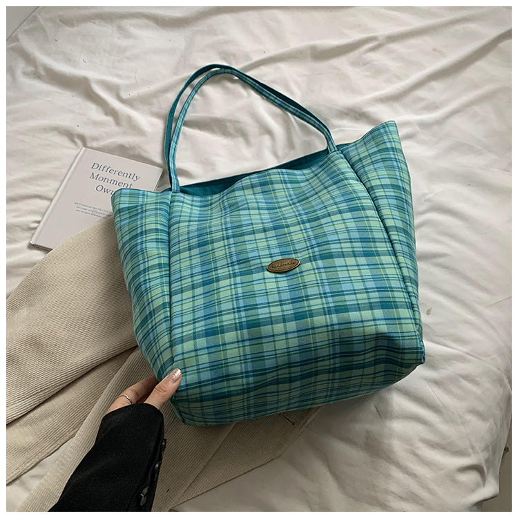College student canvas bag women's 2024 autumn new fashion plaid large-capacity shoulder bag commuter tote bag