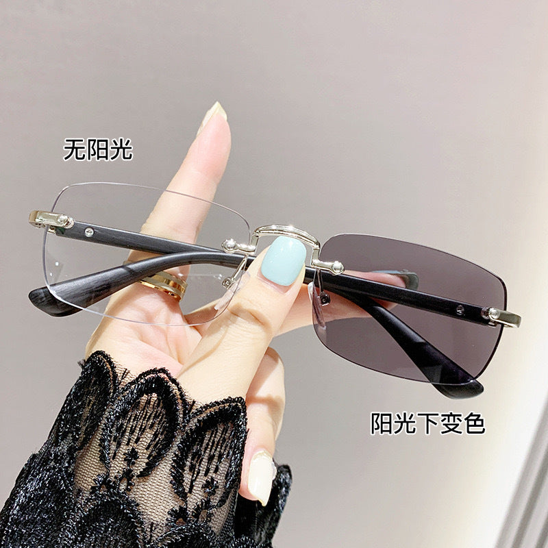 New ultra-light wood grain photosensitive discoloration anti-blue frameless reading glasses high definition wear-resistant business frameless reading glasses