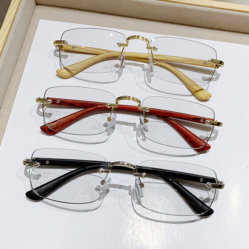 New ultra-light wood grain photosensitive discoloration anti-blue frameless reading glasses high definition wear-resistant business frameless reading glasses