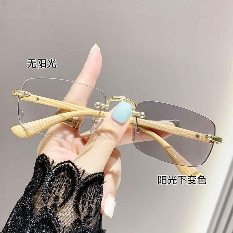 New ultra-light wood grain photosensitive discoloration anti-blue frameless reading glasses high definition wear-resistant business frameless reading glasses