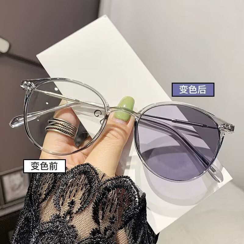 2023 new pc plus metal material advanced sense tea frame color-changing glasses high definition color-changing myopia glasses couple models