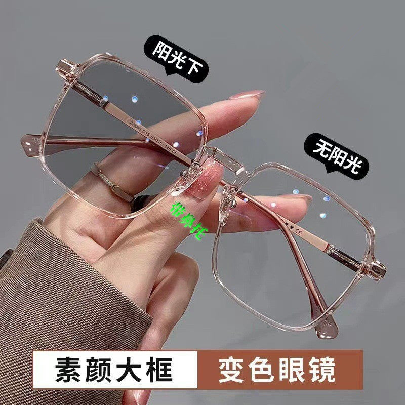 Xiaohongshu fashion explosion color-changing anti-blue flat mirror plain face thin versatile photo glasses cross-border hot-selling models