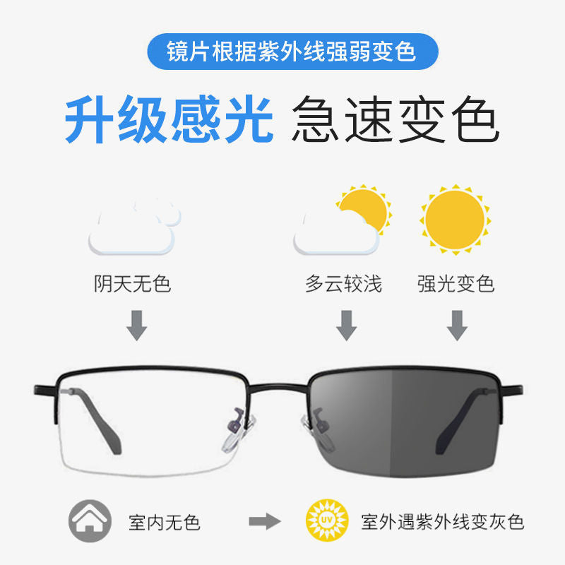 Color-changing myopia glasses men's UV protection optics handsome big face half frame ultra-light no degree eye protection frame tide