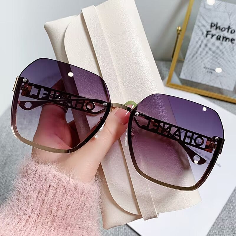 Women's fashion frameless trimmed sunglasses metal letter hollow temple trend European and American atmosphere show face small sunglasses